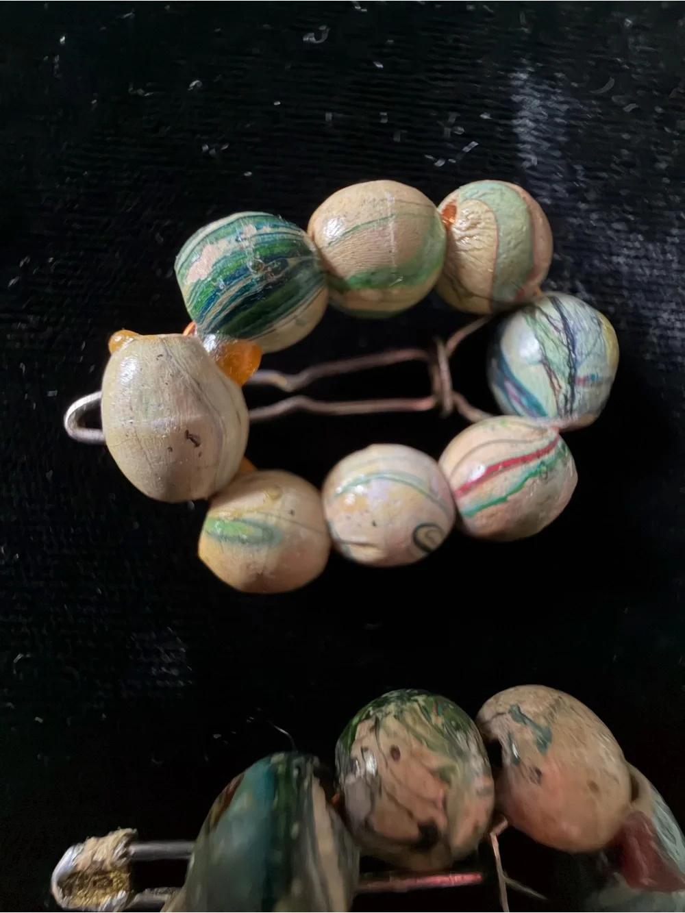 Vintage Pair Marbled Wood Bead Glove Clips - 1930s-1950s Dress Clips